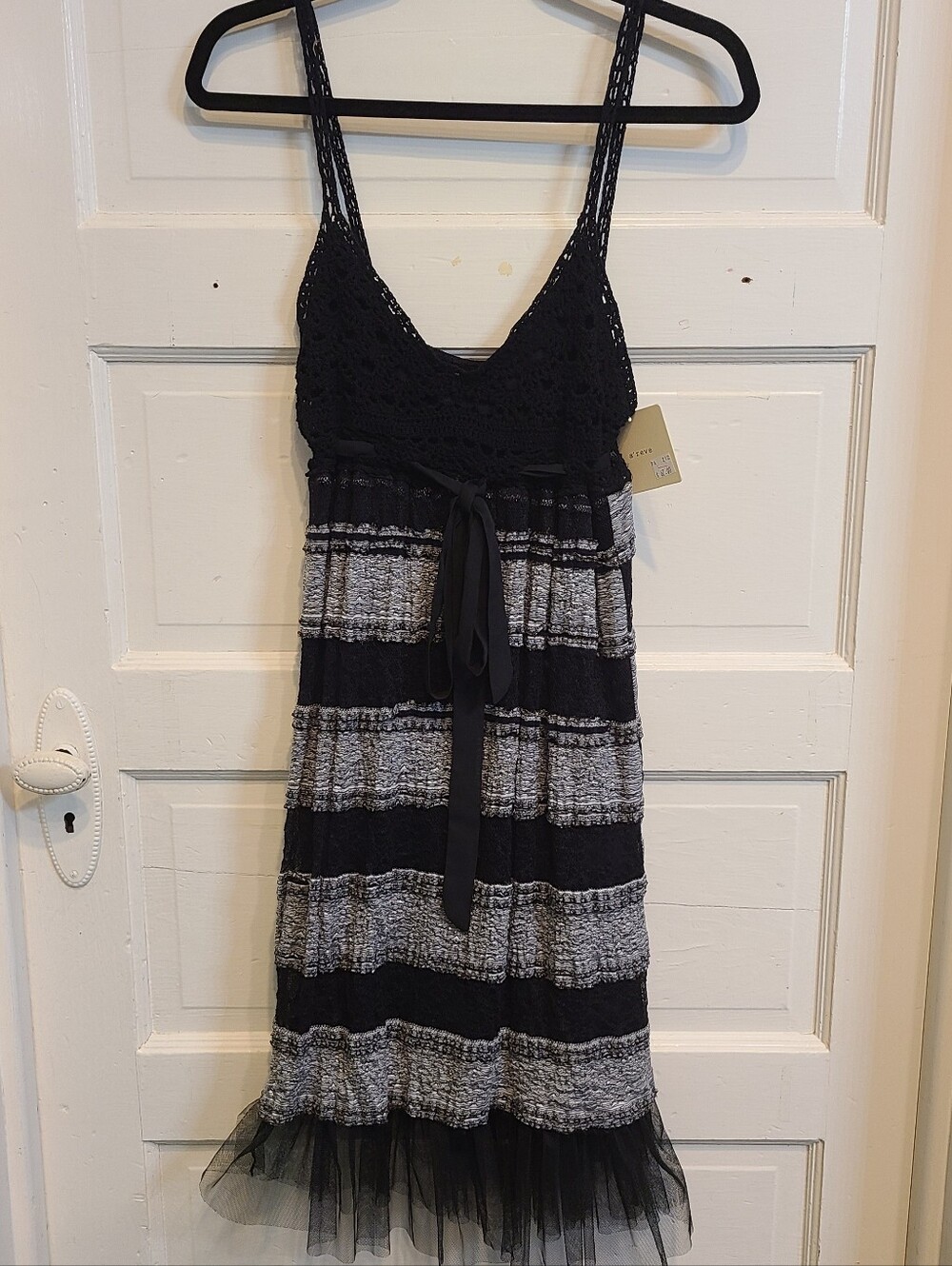 Black and White Striped Knit Sundress with Crochet Top And Tulle Hem